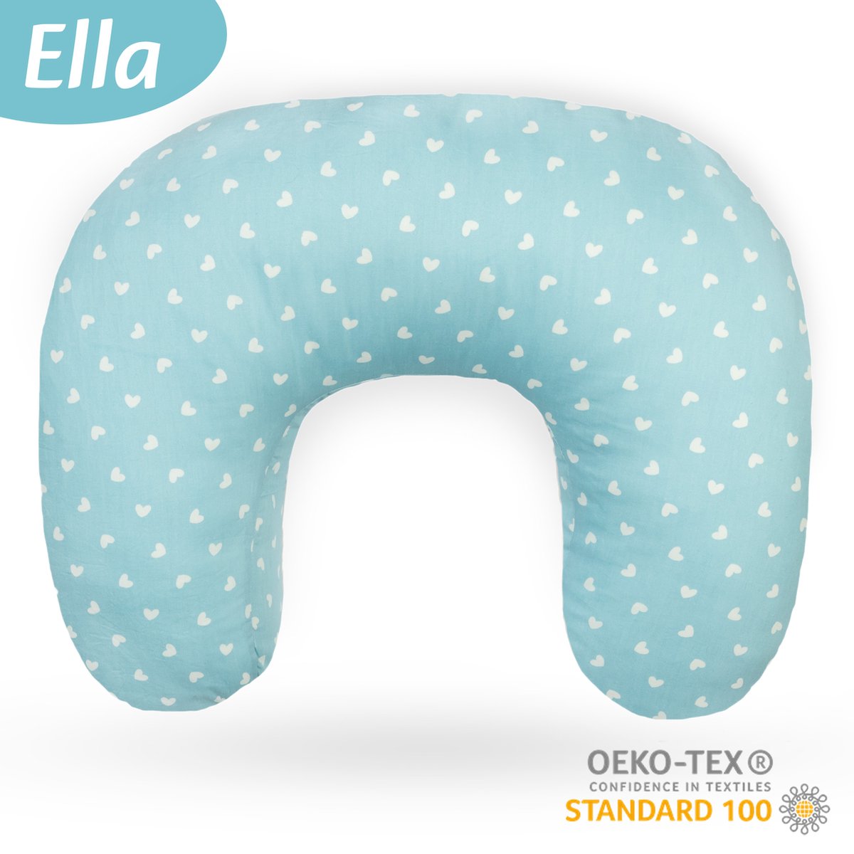 Ella Voedingskussen met hoes van 100% katoen - Zwangerschapskussen - Inclusief afneembare en wasbare hoes - Blauw met witte hartjes - Ella