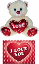 Pluche knuffelbeer 25 cm met wit/rood Valentijn Love hartje incl. hartjes wenskaart