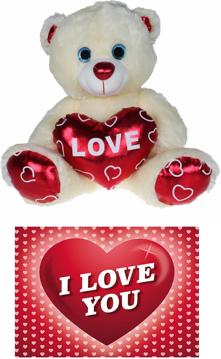 Kruger Pluche knuffelbeer - 25 cm - wit/rood - Valentijn Love hartje - hartjes wenskaart - liefde