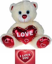 Pluche knuffelbeer 90 cm met wit/rood Valentijn Love hartje incl. hartjes wenskaart