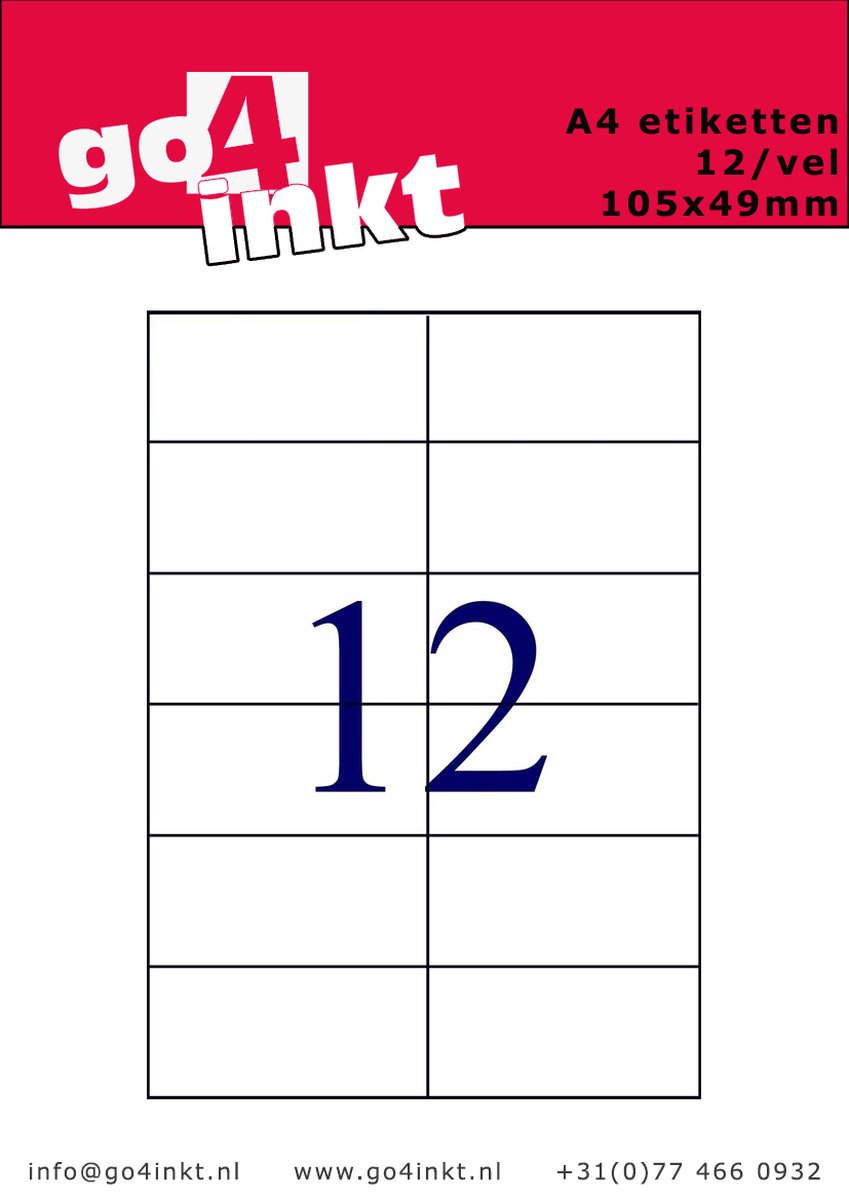 Go4inkt A4 Etiketten 12/vel 105mm x 48mm (100 vel) stickervellen wit