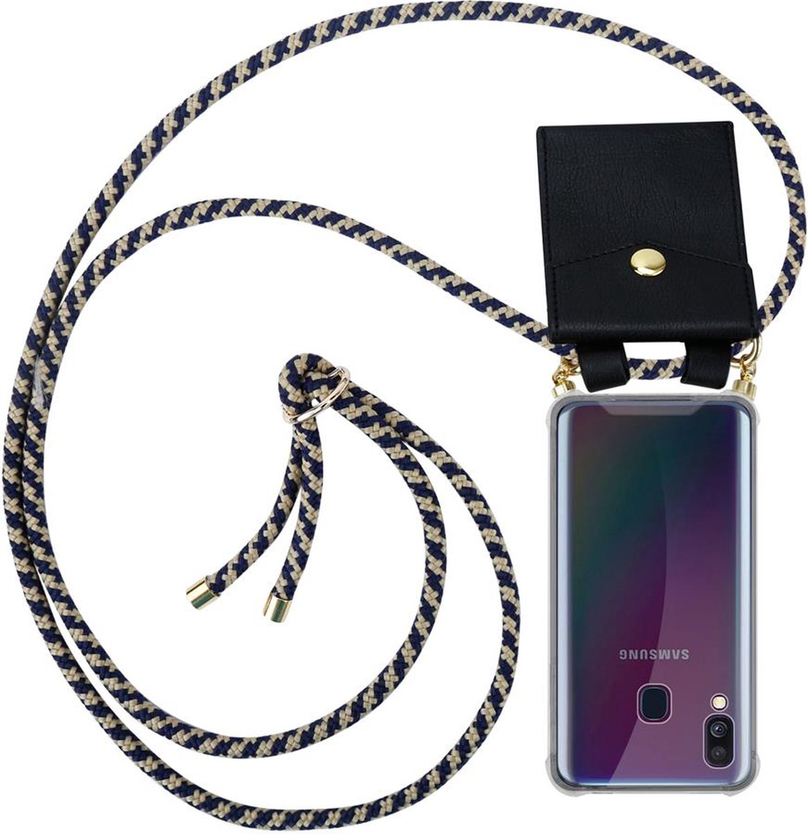 Cadorabo Hoesje geschikt voor Samsung Galaxy A40 in DONKER BLAUW GEEL - Silicone Mobiele telefoon ketting beschermhoes met gouden ringen, koordriem en afneembare etui