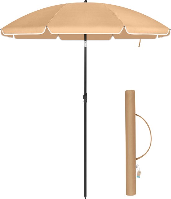 Stok Parasol - 160 cm Strandparasol - Ronde / Achthoekige Tuinparasol van Polyester - Kantelbaar - met Draagtas - Taupe