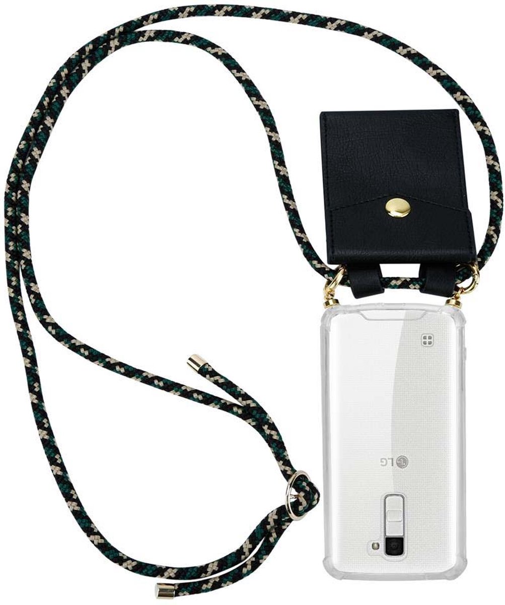 Cadorabo Hoesje voor LG K10 2016 in CAMOUFLAGE - Silicone Mobiele telefoon ketting beschermhoes met gouden ringen, koordriem en afneembare etui