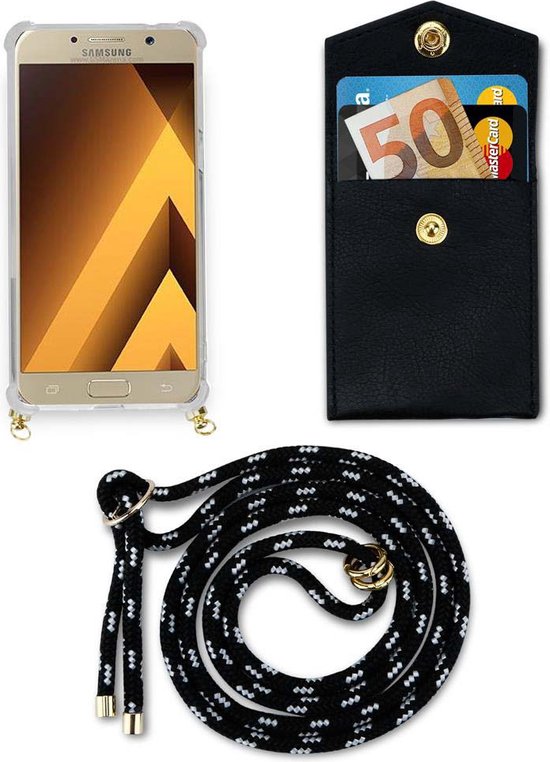 Chaîne de téléphone portable Cadorabo pour Samsung Galaxy A5 2017 en NOIR ARGENT - Étui de protection en silicone avec anneaux dorés, cordon et pochette amovible