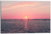 Dibond - Roze Zonsondergang aan Zee met Meeuwen - 60x40 cm Foto op Aluminium (Wanddecoratie van metaal)