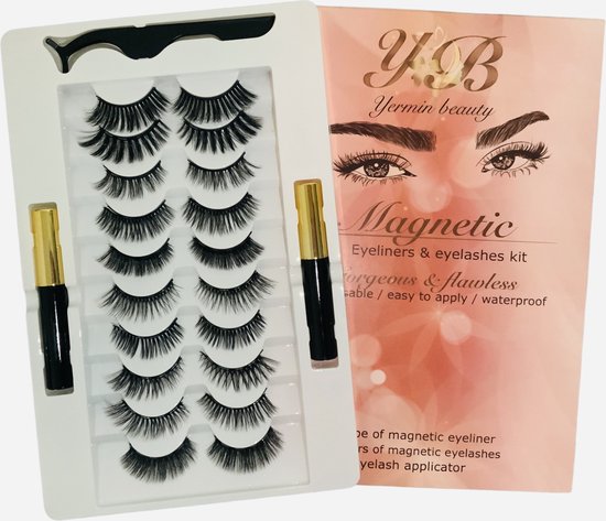 Yermin beauty Magnetische Wimpers met Eyeliner pen Set - Magnetic Lashes - Magneet - 10 Sets Nepwimpers met 2 Eyelinergel en 1 Applicator - zwart