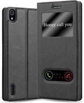 Cadorabo Hoesje geschikt voor Huawei ASCEND P7 in KOMEET ZWART - Beschermhoes met magnetische sluiting, standfunctie en 2 kijkvensters Book Case Cover Etui