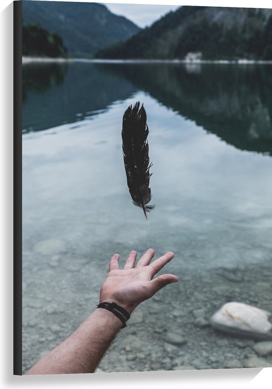 WallClassics - Toile - Plume flottant au-dessus de la main dans un paysage de montagne - 60x90 cm Photo sur toile (Décoration murale sur toile)