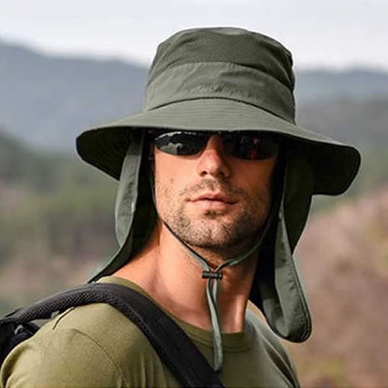 Chapeau avec protège-nuque - Protection contre le soleil, la pluie et le vent - Trekking - Chapeau de pêcheur - Vert - taille unique