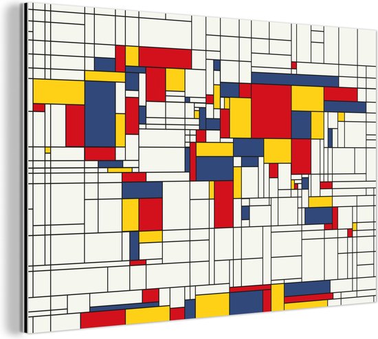 Carte du monde style Mondrian avec des blocs rouges, bleus et jaunes sur fond blanc avec des lignes noires, accrochée à un mur.