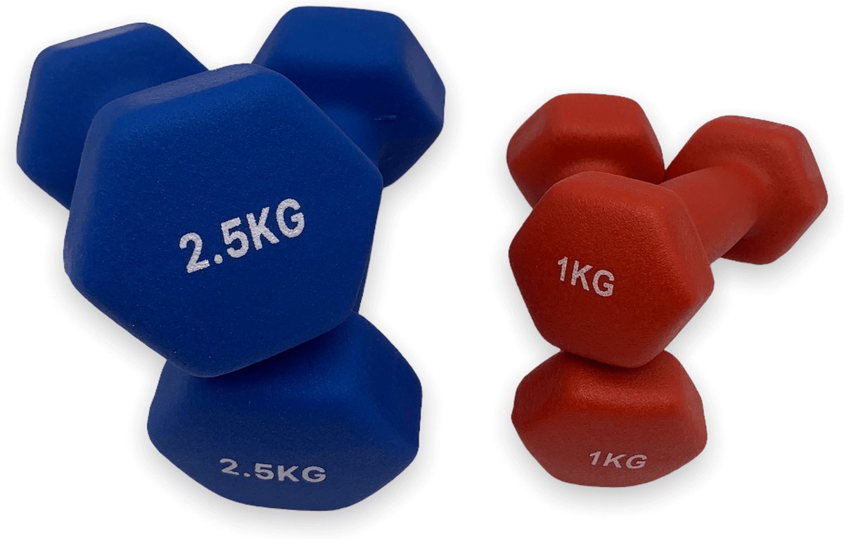 dumbells - Neopreen set 1 en 2,5 kg - dumbellset - fitness gewicht - rood en blauw - halterset
