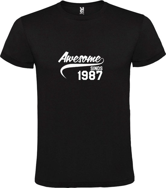 Zwart T-Shirt met “Awesome sinds 1987 “ Afbeelding Wit Size S