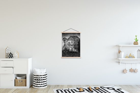 Porte-affiche avec affiche - Affiche scolaire - Animaux sauvages - Lion - Nature - Zwart - Wit - 60x80 cm - Lattes vierges