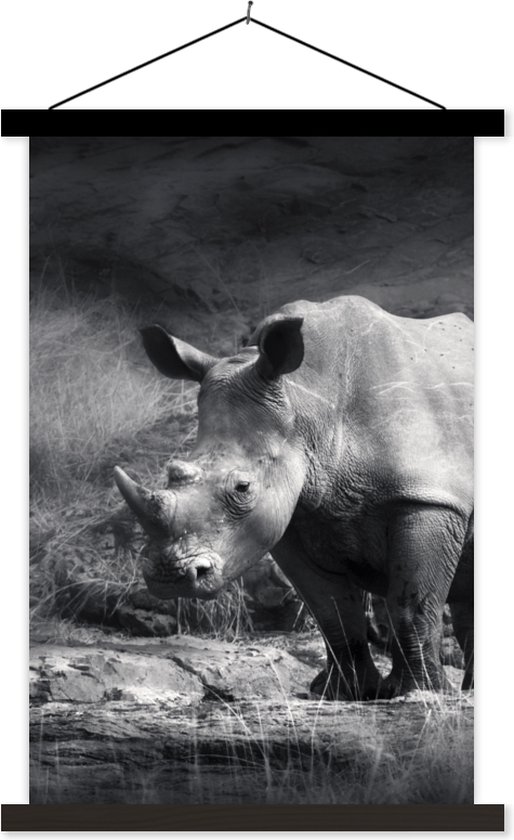 Posterhanger incl. Poster 60x90 cm - Schoolplaat - Neushoorn - Natuur - Gras - Zwart - Wit - Textielposter - Zwarte latten