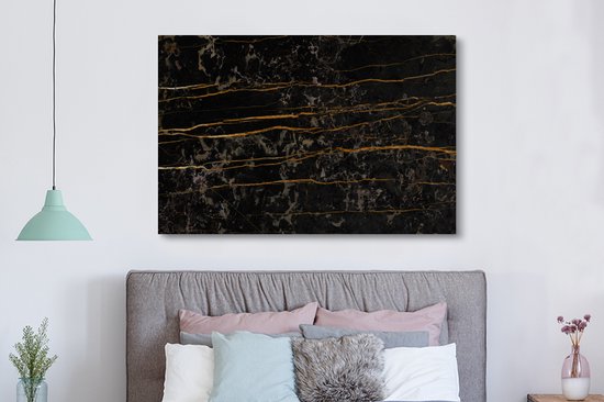 Canvas schilderij 150x100 cm - Wanddecoratie Marmer - Zwart - Goud - Ader - Muurdecoratie woonkamer - Slaapkamer decoratie - Kamer accessoires - Schilderijen op canvas