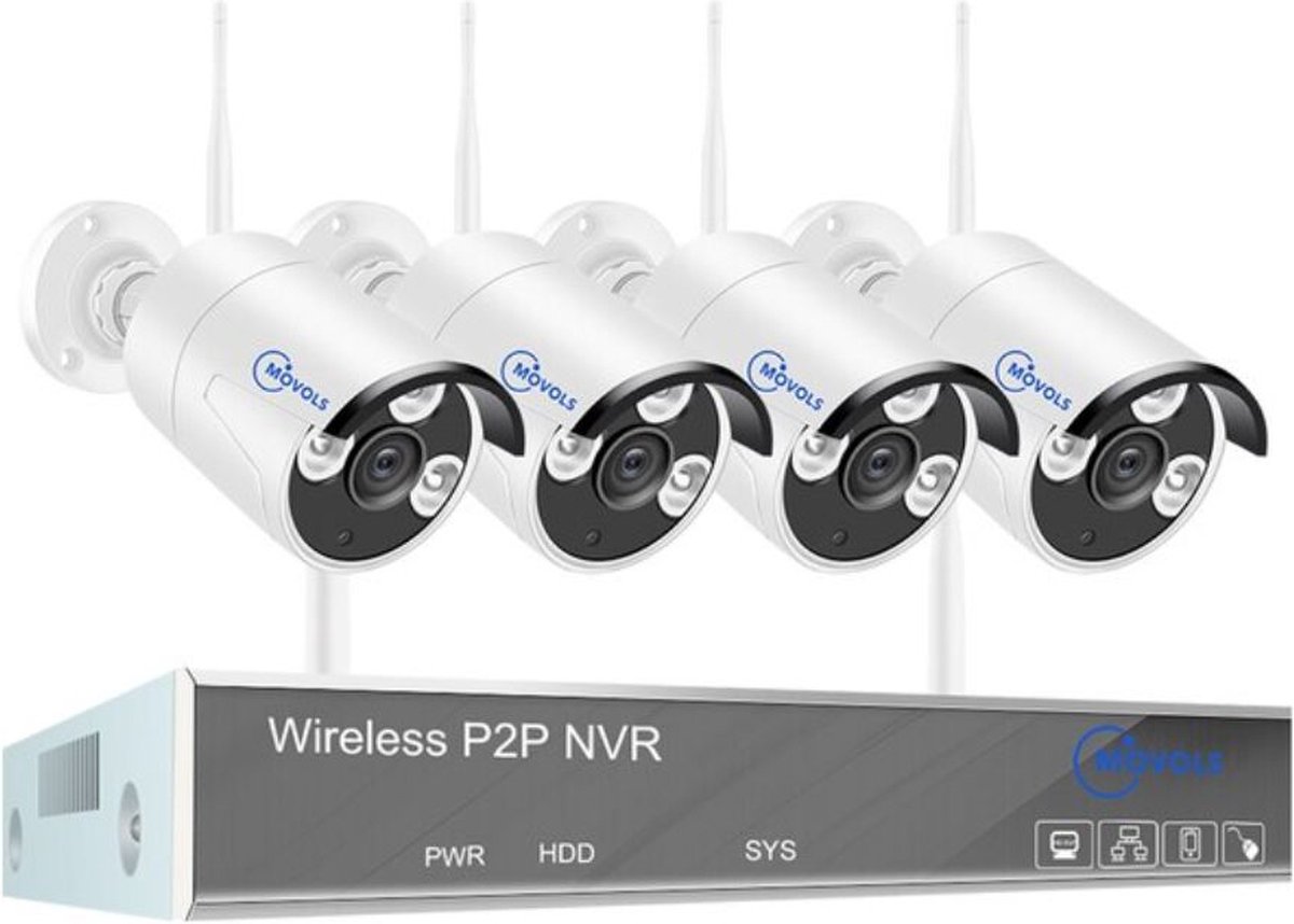 Movols H.265 - CCTV - Beveiligingscamera set met 4 Cameras Outdoor Buiten - Home Security Camera Systeem - Wifi Camera Set - Video + Audio-opname - Beveiligingscamera - 4 Camera’s - Nachtzicht - Motion Detector