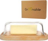 Beurrier Greenable ® - Beurrier en verre durable avec couvercle en bambou - 100% sans BPA - Pour 250g de beurre - Beurrier transparent écologique avec couvercle en bambou