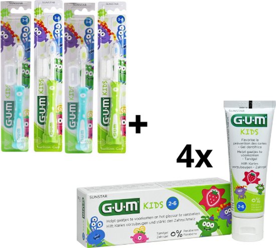 GUM Kids 3-6 jaar Voordeelpakket - 4x Tandpasta 50 ml + 4x Tandenborstel (groen/blauw)