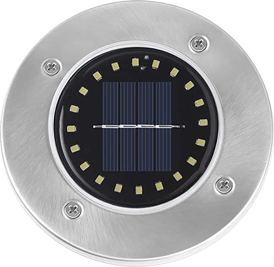 Bovenaanzicht van een stalen zonnegrondspot met 20 LED's en zonnepaneel.
