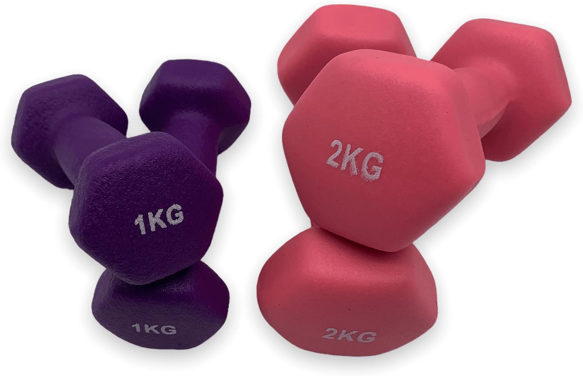dumbells - Neopreen set 1 en 2 kg - dumbellset - fitness gewicht - paars en roze - halterset - gewichtjes 1 kg - dumbells 2 kg - halters 2 kg