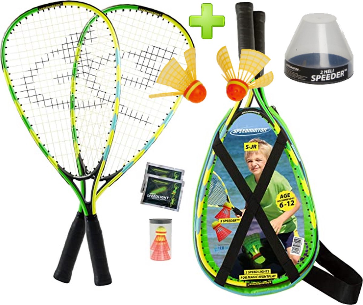Speedminton Junior Plus set - AANBIEDING - speedbadminton - crossminton - speed badminton set - 2 duurzame rackets - 2 Speedminton FUN Speeders - 2 speedlights - blauw/groen/geel - incl. HELI Speeder Tube
