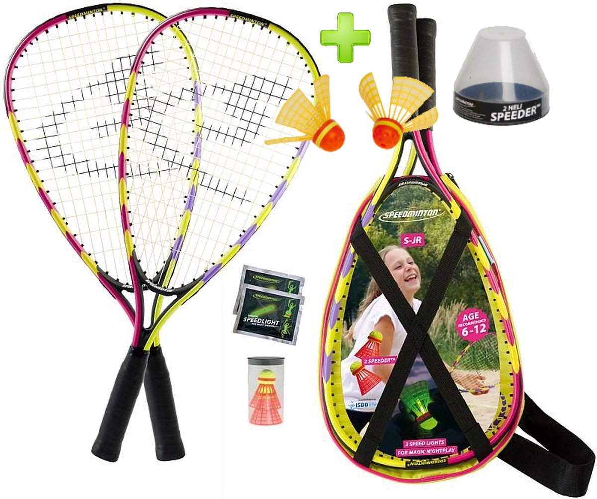 Speedminton Junior Plus set - AANBIEDING - speedbadminton - crossminton - speed badminton set - 2 duurzame rackets - 2 Speedminton FUN Speeders - 2 speedlights - oranje/rood/lila - incl. HELI Speeder Tube