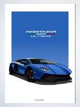 Lamborghini Aventador Ultimae Blauw Poster - Autoposter 70 x 50 cm | Kinderkamer | Slaapkamer | Kantoor