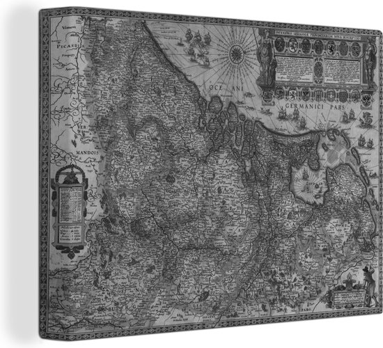 Canvas schilderij 160x120 cm - Wanddecoratie Historische zwart witte landkaart van Nederland - Muurdecoratie woonkamer - Slaapkamer decoratie - Kamer accessoires - Schilderijen