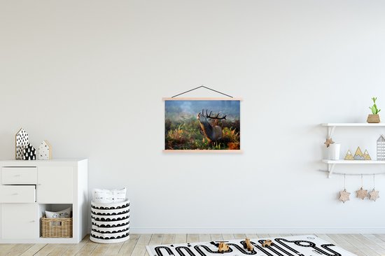 Posterhanger incl. Poster 60x40 cm - Schoolplaat - Hert - Bos - Mist - Textielposter - Blanke latten