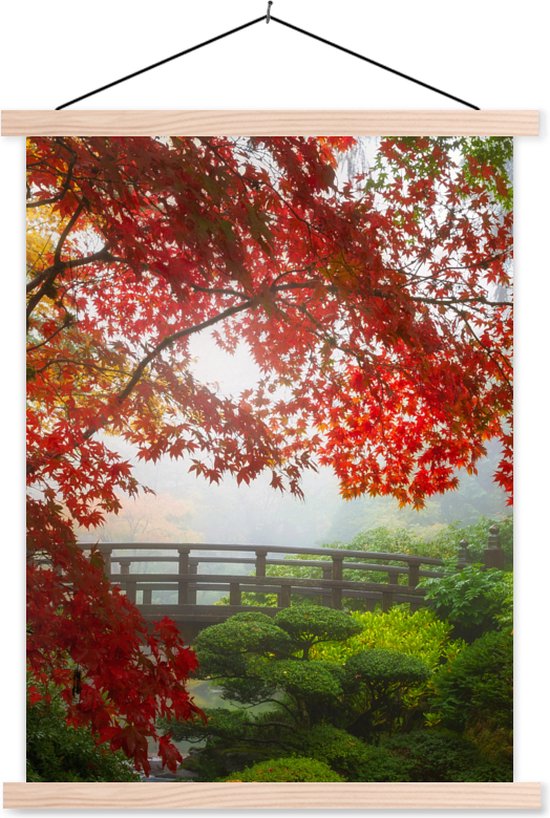 Posterhanger incl. Poster - Schoolplaat - Japanse esdoorn - Bomen - Brug - Natuur - Japans - 60x80 cm - Blanke latten