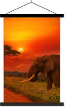 Posterhanger incl. Poster 120x180 cm - Schoolplaat - Olifant - Zonsondergang - Oranje - Savanne - Dieren - Textielposter - Zwarte latten