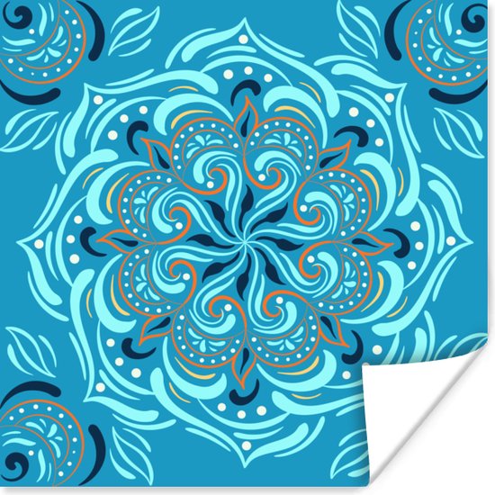 Vierkant patroon met een gedetailleerde mandala op een blauwe achtergrond 75x75 cm - Foto print op Poster (wanddecoratie woonkamer / slaapkamer)