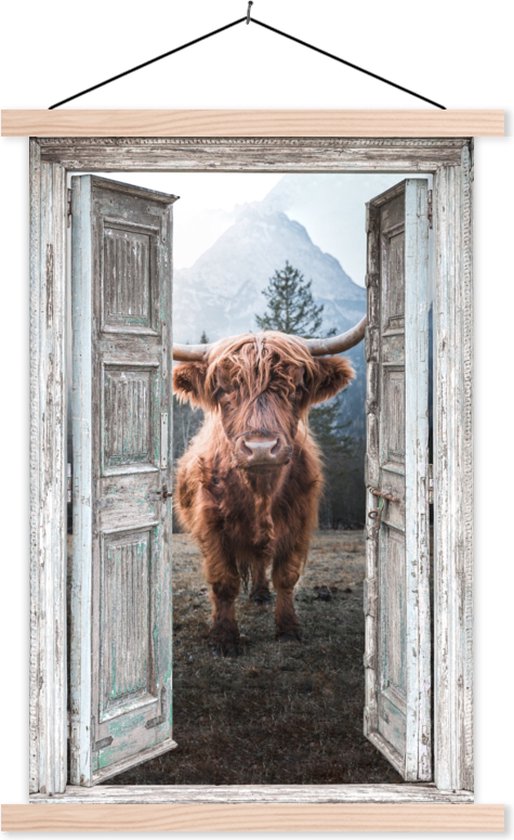 Posterhanger incl. Poster 60x90 cm - Schoolplaat - Schotse hooglander - Koe - Landelijk - Doorkijk - Textielposter - Blanke latten