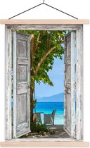 Posterhanger incl. Poster 60x90 cm - Schoolplaat - Strand - Tropisch - Zee - Doorkijk - Textielposter - Blanke latten