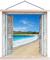 Posterhanger incl. Poster 90x90 cm - Schoolplaat - Zee - Tropical - Doorkijk - Strand - Textielposter - Blanke latten