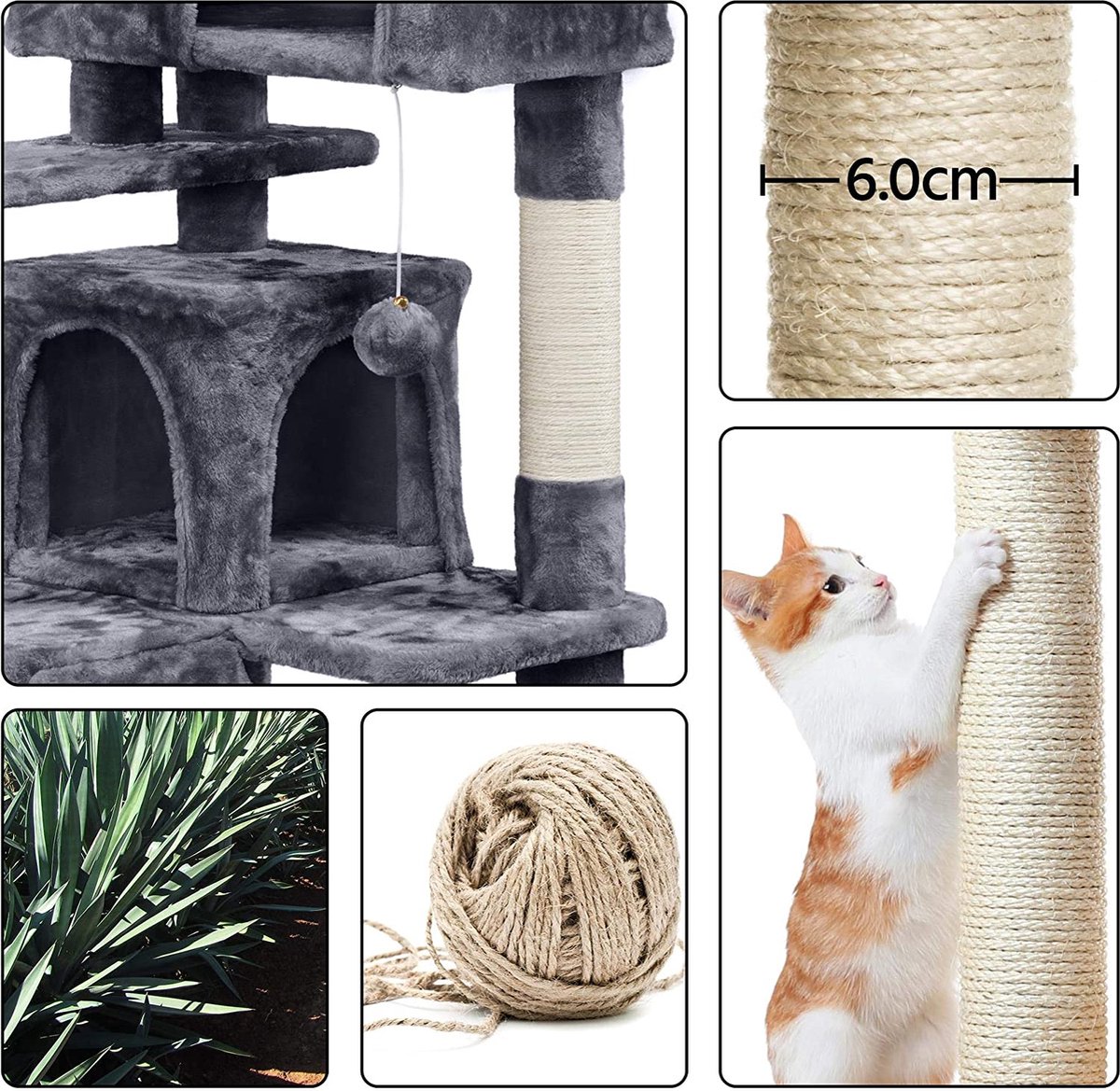 Arbre à chat 145 cm, arbre d'escalade avec 2 trous pour chat, 3 plates ...