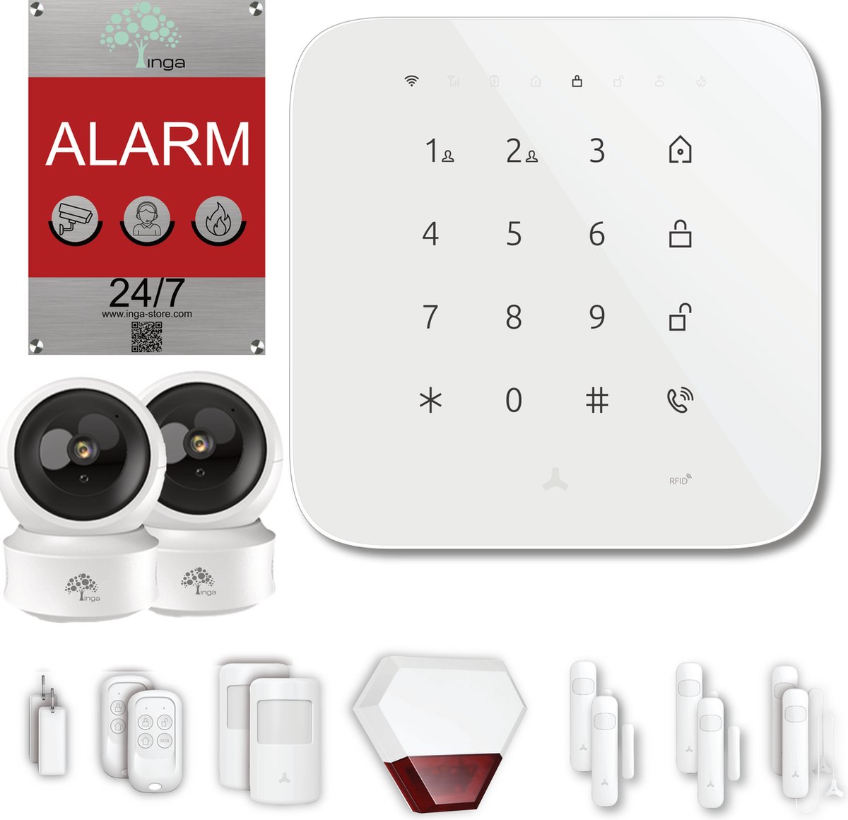 Inga® alarmsysteem Pro+| Draadloos Smart Home Beveiligingssysteem | Beveiligingscamera | buiten sirene | Wifi & GSM | Batterij |App Push & SMS |uitbreidbaar | deur- en raamsensor | bewegingsmelder | afstandsbedieningen | RFID-sleutels |luide sirene