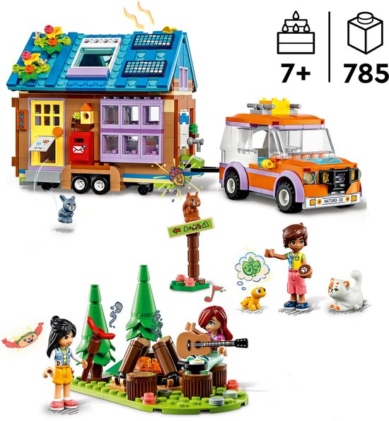 Lego Friends tiny house met oranje auto, kampeerplek met kampvuur, drie speelfiguren en dieren.