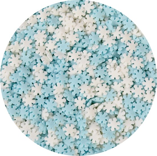 Blauw-witte eetbare sneeuwvlok strooisels.