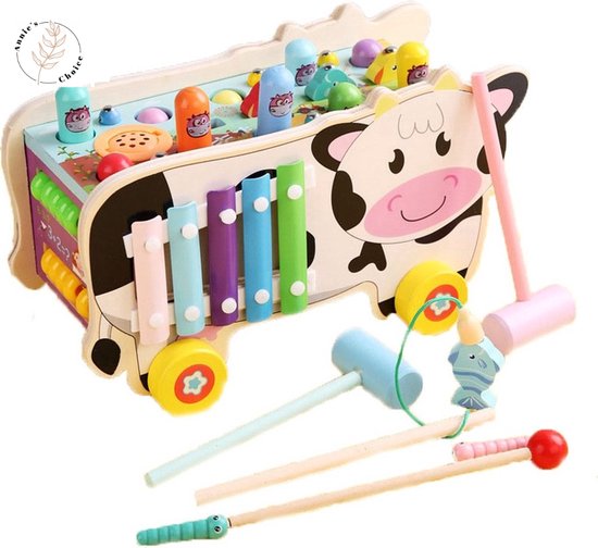 Kudie de Koe - 5 in 1 Houten Speelgoed Xylofoon - Hamerbank - Visspel - Activiteiten kubus - Montessori Speelgoed