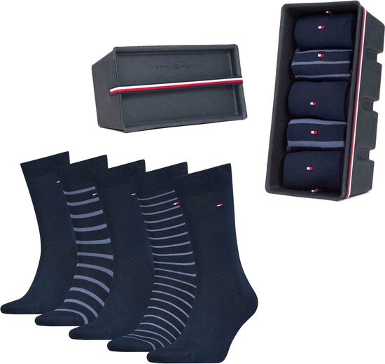 Tommy Hilfiger 5-Pack Heren Sokken Giftbox Stripes - Donkerblauw - Maat 39-42