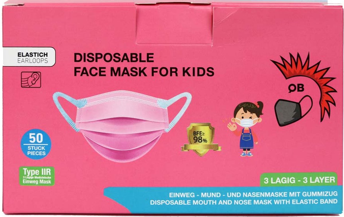 Mondmaskers kinderen wegwerp voor meisje roze 50 stuks, mondkapje kind, kindermondkapjes, kinder