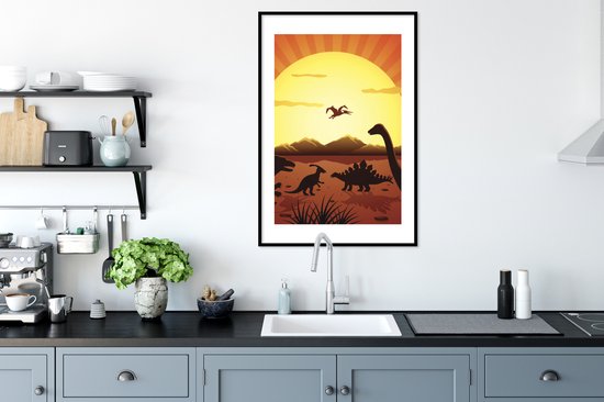 Affiche dans cadre photo enfant - Dino - Soleil - Nature - Dessin - Enfants - Garçons - Décoration murale chambre d'enfant - Décoration murale garçons - 60x90 cm - Décoration Kinder