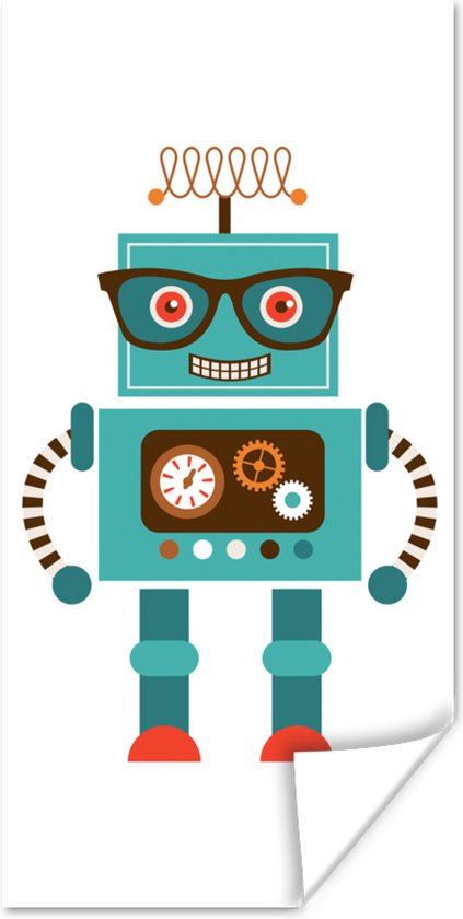 Poster kinderen - Wanddecoratie jongens - Robot - Bril - Tandwielen - Gezicht - Jongens - Blauw - Decoratie voor kinderkamers - 20x40 cm - Poster kinderkamer