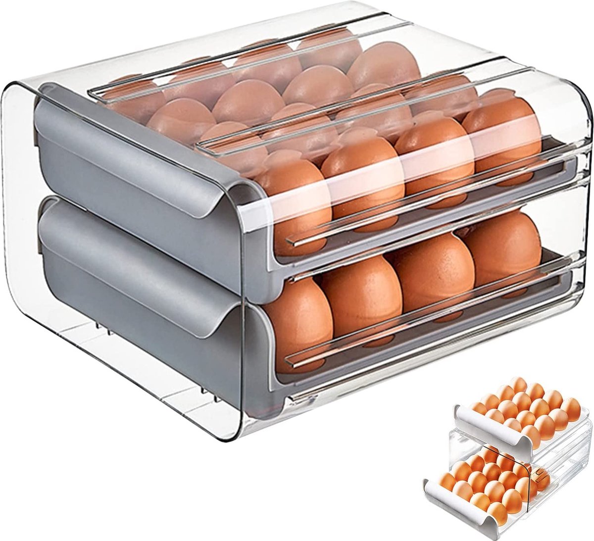 Eierbox, koelkast-eieren-opberglade, stapelbare opbergdozen voor 32 eieren, dubbellaags hoge capaciteit (grijs)