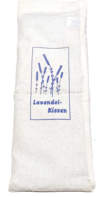 Wit kussen met blauwe print van lavendel en tekst 'Lavendel-Kissen'.