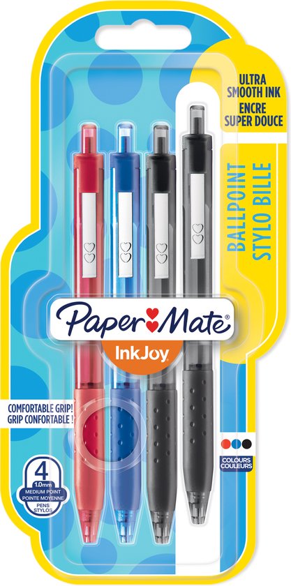 Paper Mate InkJoy 300RT-balpennen met drukknop | Medium punt (1,0 mm) | Zwart, Blauw en Rood | 4 stuks