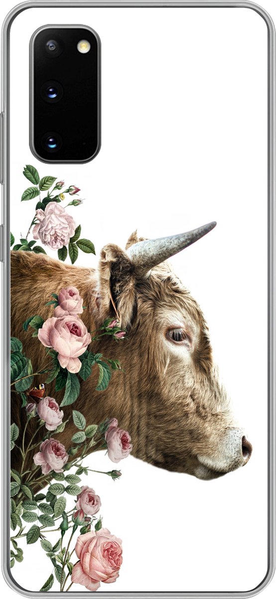 Telefoonhoesje Geschikt voor Samsung Galaxy S20 hoesje - Schotse hooglander - Koe - Bloemen - Siliconen Telefoonhoesje Telefoonhoesje