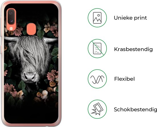 Coque Samsung Galaxy A20e - Highlander écossais - Fleurs - Rose - Coque de téléphone en Siliconen